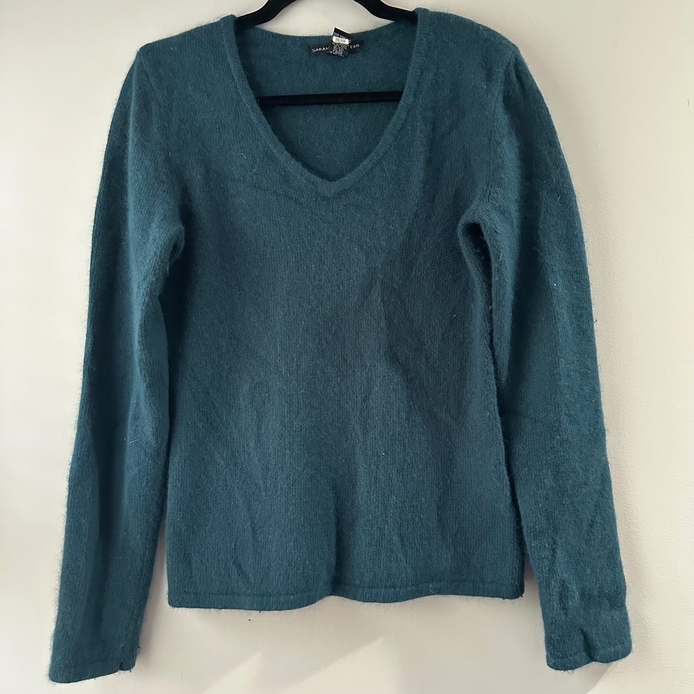 Sarah Spencer Teal Blue V Neck Fuzzy Knit‎ Sweater Size S Angora Blend Cozy